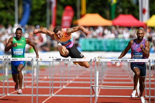ATHLETICS - Hypomeeting Goetzis 2026 GOETZIS,AUSTRIA,31.MAY.26 - ATHLETICS - World Athletics Combined Events Tour, Hypomeeting, decathlon, 110m hurdles. Image shows Jose Fernando Ferreira (BRA), Simon Ehammer (SUI) and Damian Warner (CAN).  GEPAxpictures xOliverxLerch