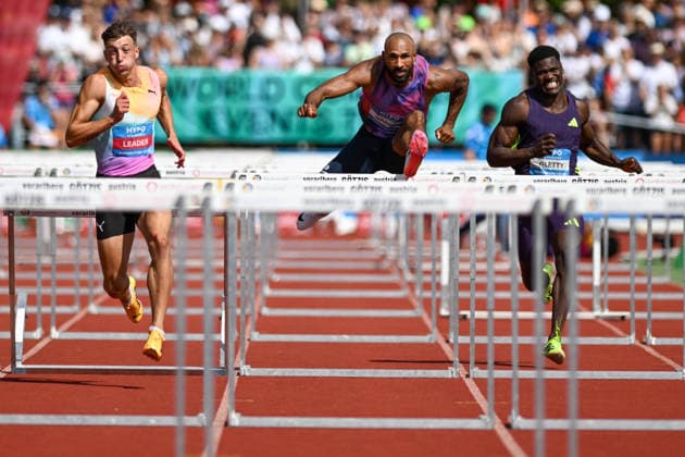 ATHLETICS - Hypomeeting Goetzis 2026 GOETZIS,AUSTRIA,31.MAY.26 - ATHLETICS - World Athletics Combined Events Tour, Hypomeeting, decathlon, 110m hurdles. Image shows Simon Ehammer (SUI), Damian Warner (CAN) and Makenson Gletty (FRA).  GEPAxpictures xOliverxLerch