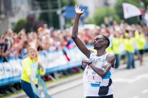 Patrick Nimubona celebrates after winning the 46th edition of the Brussels 20km run, Sunday 31 May 2026 in Brussels. JASPERxJACOBS  x175528126x