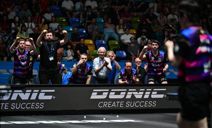 RECORD DATE NOT STATED Die Bank des 1. FC Saarbrücken-TT im Finale des TTBL Final Four in Frankfurt. Die Bank des 1. FC Saarbrücken-TT jubelt im Finale des TTBL Final Four in Frankfurt am Main in der Süwag Energie Arena am 31. Mai 2026. Frankfurt am Main Hessen Germany