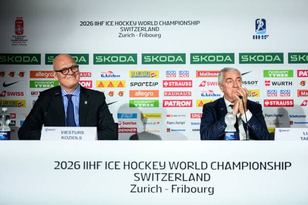 260531 IIHF Council member Viesturs Koziols and IIHF President Luc Tardif at an end-of-tournament press conference, PK, Pressekonferenz organized by IIHF and the 2026 IIHF Ice hockey, Eishockey World Championship, WM, Weltmeisterschaft Organizing Committee during the 2026 IIHF Ice Hockey World Championship on May 31, 2026 in Zürich. Photo: Jesper Zerman BILDBYRAN kod JZ JZ0741 ishockey ice hockey ishockey-vm 2026 vm 2026 iihf world championship bbeng presskonferens Copyright: JESPERxZERMAN BB260531JZ017