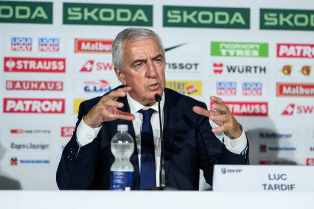 260531 IIHF President Luc Tardif at an end-of-tournament press conference, PK, Pressekonferenz organized by IIHF and the 2026 IIHF Ice hockey, Eishockey World Championship, WM, Weltmeisterschaft Organizing Committee during the 2026 IIHF Ice Hockey World Championship on May 31, 2026 in Zürich. Photo: Jesper Zerman BILDBYRAN kod JZ JZ0741 ishockey ice hockey ishockey-vm 2026 vm 2026 iihf world championship bbeng presskonferens Copyright: JESPERxZERMAN BB260531JZ018