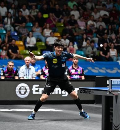 RECORD DATE NOT STATED Dang Qiu im Finale des TTBL Final Four in Frankfurt. Der deutsche Nationalspieler Dang Qiu von Borussia Düsseldorf im Einsatz gegen den 1. FC Saarbrücken-TT im Finale des TTBL Final Four in Frankfurt am Main in der Süwag Energie Arena am 31. Mai 2026. Frankfurt am Main Hessen Germany