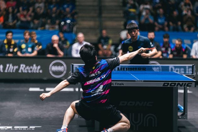 31.05.2026 Tischtennis, Herren, TTBL, Bundesliga, Playoff, Final Four, 1. FC Saarbrücken, Borussia Düsseldorf, Finale Fan Zhendong (Saarbrücken) gegen Dang Qiu (Düsseldorf) Frankfurt am Main, Süwag Energi Hessen Deutschland