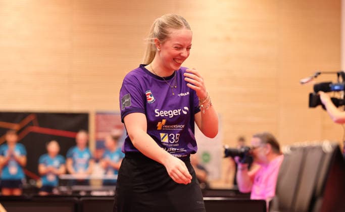 Josi Neumann (ttc) lacht Aktion Oberkörper Tischtennis Finale Deutsche Meisterschaft Bundesliga Damen Saison 2025 2026 31.05.2026 ttc eastside Berlin vs TSV Dachau