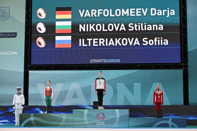 OTHER - Gymnastics - European Championships in Rhythmic gymnastics, Rhythmische Sportgymnastik, RSG Photo by IPA ABACAPRESS.COM85209981 - medal ceremony BALL: VARFOLOMEEV Darja (GER) gold, NIKOLOVA Stiliana (BUL) silver ILTERIAKOVA Sofiia (RUS) bronze during European Championships in Rhythmic Gymnastics, Gymnastics in Varna, Bulgaria, May 31 2026 Varna Bulgaria  Copyright: xIPAxSport ABACAx