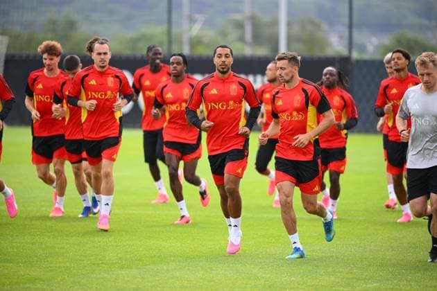 Belgian national football team - FIFA World Cup, WM, Weltmeisterschaft, Fussball 2026 - media activities 31 05 2026 TUBIZE, BELGIUM - MAY 31 : Tielemans Youri midfielder of Belgium, Castagne Timothy defender of Belgium pictured during a training session at the training grounds of the Royal Belgian Football Association ahead of the FIFA World Cup 2026 on May 31, 2026 in Tubize, Belgium, 31 05 2026 Tubize Belgium  Copyright: xVincentxKalutx