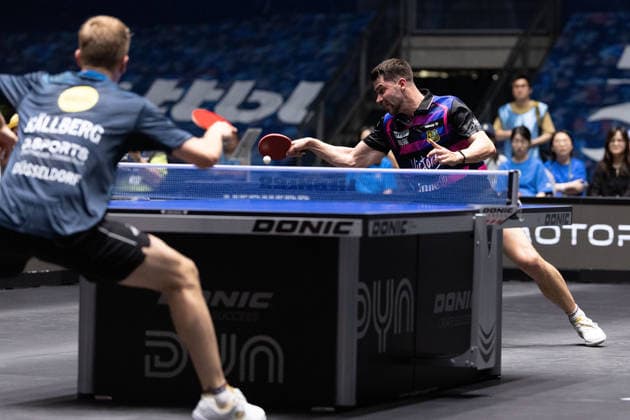Anton Kaellberg (SWE, Borussia Duesseldorf), Patrick Franziska (GER, 1.FC Saarbruecken-TT) in action during the final matches of the Liebherr TTBL Final4 Borussia Düsseldorf - FC Saarbrücken Tischtennis at the Süwag Energie ARENA on May 31, 2026, in Frankfurt, Germany Copyright: JoaquimxFerreira