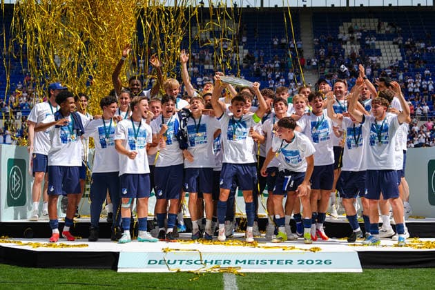 31.05.2026, xydrx, Herren, Fußball, U19 DFB-Nachwuchsliga, Finale, TSG 1899 Hoffenheim - 1.FC Köln, Saison 2025 2026, PreZero Arena: Spieler der TSG 1899 Hoffenheim bejubeln den Sieg im Finale der U19 DFB-Nachwuchsliga DFB regulations prohibit any use of photographs as image sequences and or quasi-video. *** 31 05 2026, xydrx, Herren, Fußball, U19 DFB Nachwuchsliga, Finale, TSG 1899 Hoffenheim 1 FC Köln, Saison 2025 2026, PreZero Arena TSG 1899 Hoffenheim players celebrate the victory in the final of the U19 DFB Nachwuchsliga DFB regulations prohibit any use of photographs as image sequences and or quasi video Copyright: HMBxMedia YannisxDreimann