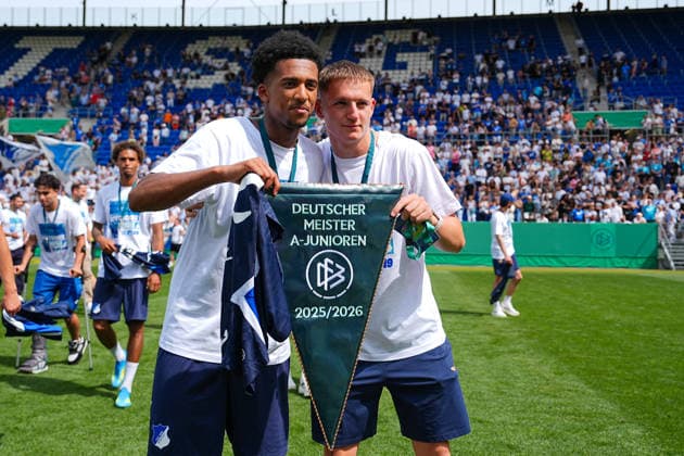 31.05.2026, xydrx, Herren, Fußball, U19 DFB-Nachwuchsliga, Finale, TSG 1899 Hoffenheim - 1.FC Köln, Saison 2025 2026, PreZero Arena: Spieler der TSG 1899 Hoffenheim bejubeln den Sieg im Finale der U19 DFB-Nachwuchsliga DFB regulations prohibit any use of photographs as image sequences and or quasi-video. Copyright: HMBxMedia YannisxDreimann