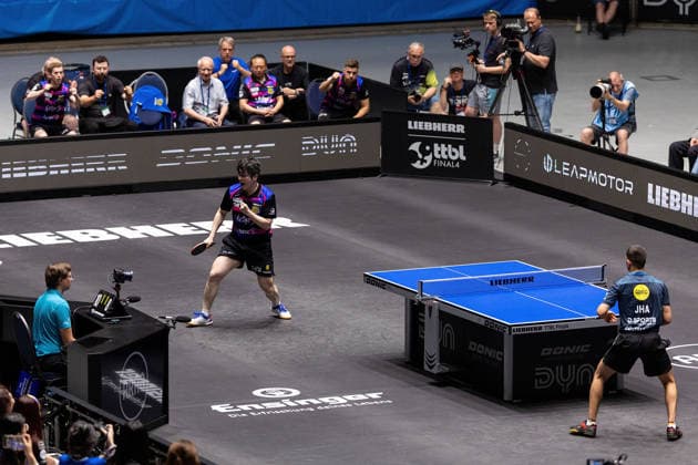 Fan Zhendong (CHN 1.FC Saarbruecken-TT) celebrates his victory over Kanak Jha (GER,USA Borussia Duesseldorf) during the final matches of the Liebherr TTBL Final4 Borussia Düsseldorf - FC Saarbrücken Tischtennis at the Süwag Energie ARENA on May 31, 2026, in Frankfurt, Germany Copyright: JoaquimxFerreira