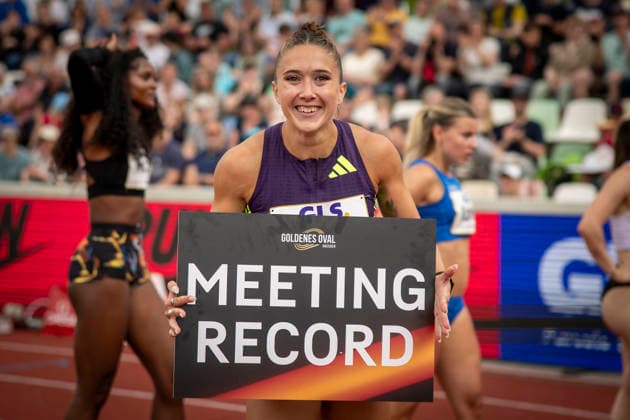 DRESDEN , GERMANY - MAY 31: Temporary Meeting record (11,22s) - Rebekka Haase (GER Germany) competes during the Golden Oval Continental Tour Silver meeting on May 31, 2026 at Heinz-Steyer-Stadion in Dresden, Saxony, Germany. Saxony Germany Copyright: xAxelxKohringx