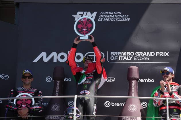 31.05.2026, Autodromo Internazionale del Mugello, Mugello, MotoGP Grosser Preis von Italien 2026 ,im Bild Sieger Marco Bezzecchi (ITA), Aprilia Racing, 2.Platz für Jorge Martin (ESP), 3.Platz für Francesco Bagnaia (ITA), Ducati Lenovo Team (Photo by Hasan Bratic DeFodi Images) -