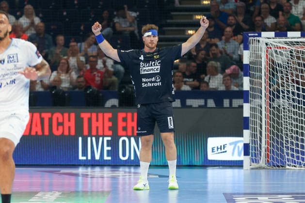 31.05.2026 ,xgox, Handball - Handball - EHF European League, Spiel um Platz 3 Montpellier Handball - SG Flensburg-Handewitt emspor, v.l. Johannes Golla (Flensburg, 4) Jubel, Torjubel, jubelt ueber das Tor, celebrate the goal, celebration Hamburg