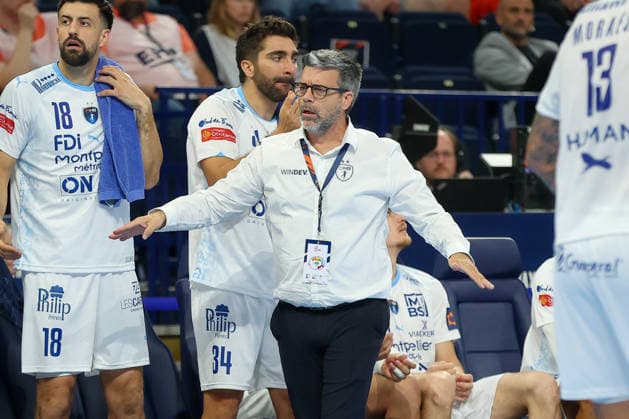 31.05.2026 ,xgox, Handball - Handball - EHF European League, Spiel um Platz 3 Montpellier Handball - SG Flensburg-Handewitt emspor, v.l. Erick Mathe (Montepellier, Trainer) gibt Anweisungen, gestikuliert mit den Armen, gesticulate, gives instructions Hamburg