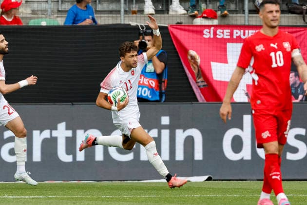 Torjubel bei Odeh Fakhoury (Jordanien, 11) nach seinem Tor zum 3:1 , Schweiz, Fussball, Freundschaftsspiel, Schweiz vs. Jordanien, 31.05.2026, St. Gallen Kybunpark Hessen Schweiz Copyright: xGrantxHubbsx