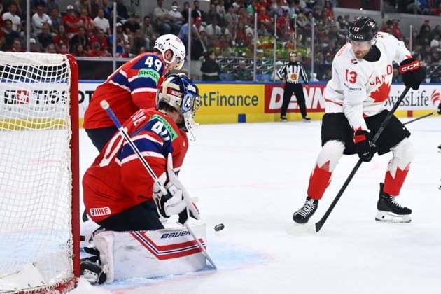 From left goalkeeper Henrik Haukeland of Norway, Christian Kaasastul of Norway and Gabriel Vilardi of Canada in action during the bronze medal match Canada vs Norway at the 2026 IIHF Ice hockey, Eishockey World Championship, WM, Weltmeisterschaft in Zurich, Switzerland, May 31, 2026. (CTKxPhoto RadekxPetrasek) CTKPhotoP2026053103912  CTKPhotoP2026053103912