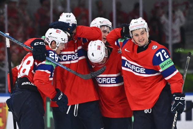 From left Michael Brandsegg-Nygard, Andreas Martinsen, Johannes Johannessen and Stian Solberg of Norway celebrate a goal during the bronze medal match Canada vs Norway at the 2026 IIHF Ice hockey, Eishockey World Championship, WM, Weltmeisterschaft in Zurich, Switzerland, May 31, 2026. (CTKxPhoto RadekxPetrasek) CTKPhotoP2026053103937  CTKPhotoP2026053103937