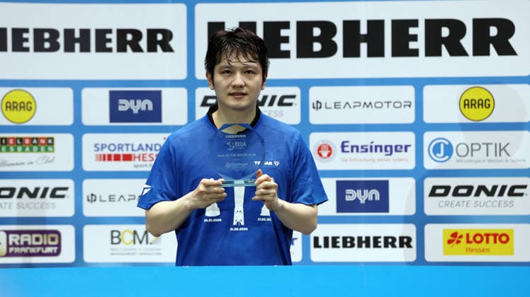 31.05.2026, xrekx, Tischtennis TTBL Final 4 Finale, Borussia Düsseldorf - 1. FC Saarbrücken v.l. Man o fthe Match Fan Zhendong (1.FC Saarbruecken TT) (DFL DFB REGULATIONS PROHIBIT ANY USE OF PHOTOGRAPHS as IMAGE SEQUENCES and or QUASI-VIDEO) Frankfurt am Main