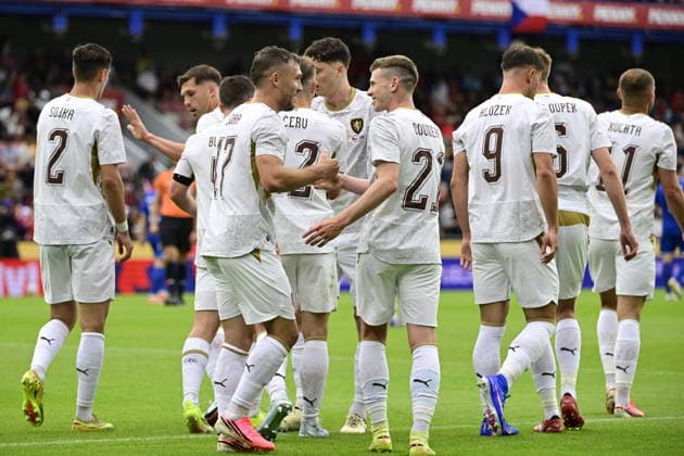 Tomas Ladra of Czech Republic (17) celebrates a goal with his teammates during the Czech Republic vs Kosovo soccer friendly match, in Prague, Czech Republic, May 31, 2026. (CTKxPhoto RomanxVondrous) CTKPhotoP2026053103748  CTKPhotoP2026053103748