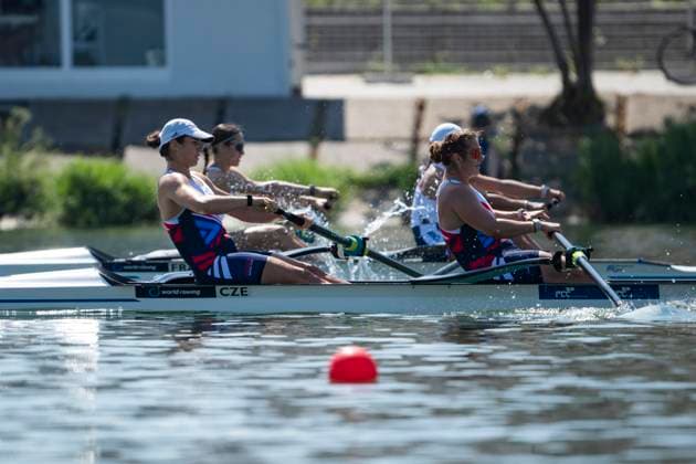 Seville, Spain. 30 May 2026. Rowers Anna Santruckova and Pavlina Flamikova (Czechia) being overtaken by Emma Cornelis and Hezekia Peron (France) during the W2- Women s Coxless Pair Semifinal 2 Race at the World Rowing Cup 1 2026 at CEAR La Cartuja. Seville Spain Copyright: xDavidxSarmientox xVWPicsx DSG-0878