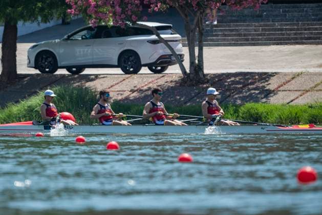 Seville, Spain. 30 May 2026. Rowers Jorge Knabe, Dennis Carracedo Ferrero, Pau Sanchez Batlle and Eric Pastor (Spain) during the M4- Men’s Coxless Four Semifinal 1 Race at the World Rowing Cup 1 2026 at CEAR La Cartuja. Seville Spain Copyright: xDavidxSarmientox xVWPicsx DSG-0889