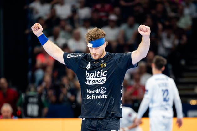 Hamburg, 31.05.2026, Handball, Herren, EHF European League Men 2025 26, Spiel um Platz 3, Montpellier HB - SG Flensburg-Handewitt Johannes Golla (SG Flensburg-Handewitt, 4) jubelt nach einem Treffer