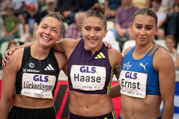 DRESDEN , GERMANY - MAY 31: Gina Lueckenkemper (GER Germany), Rebekka Haase (GER Germany), Jolina Ernst (GER Germany) after the Golden Oval Continental Tour Silver meeting on May 31, 2026 at Heinz-Steyer-Stadion in Dresden, Saxony, Germany. Saxony Germany Copyright: xAxelxKohringx