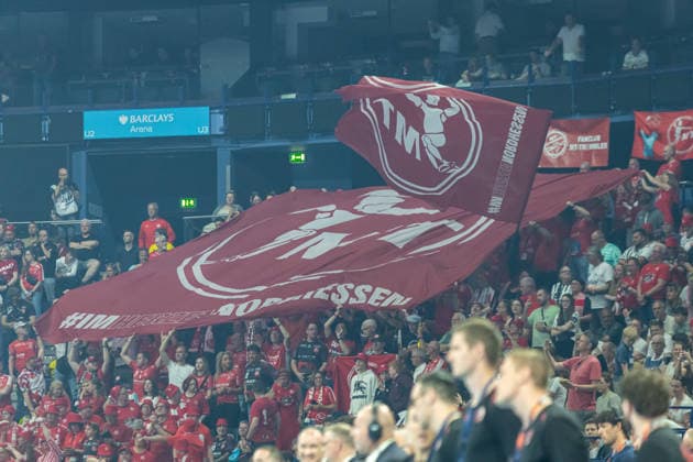 . Supporters of MT Melsungen with flag during the handball final of the Winamax EHF Finals 2026 between THW Kiel and MT Melsungen at Barclays Arena on May 31, 2026 in Hamburg, Germany. -