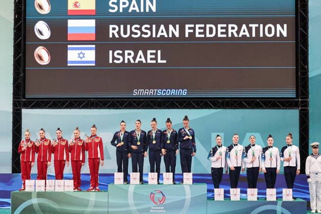 BULGARIA, VARNA - MAY 31, 2026: Members of Team Russia, Team Spain and Team Israel attend an award ceremony at the 2026 Rhythmic gymnastics, Rhythmische Sportgymnastik, RSG European Championships at the Palace of Culture and Sports. Igor Lenkin TASS  93241133