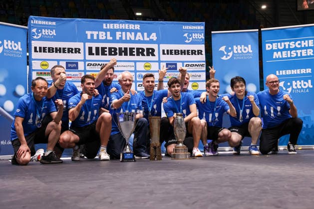 FC Saarbrücken Table tennis, Tischtennis players celebrate winning all three trophies during the final matches of the Liebherr TTBL Final4 Borussia Düsseldorf - FC Saarbrücken Tischtennis at the Süwag Energie ARENA on May 31, 2026, in Frankfurt, Germany Copyright: JoaquimxFerreira