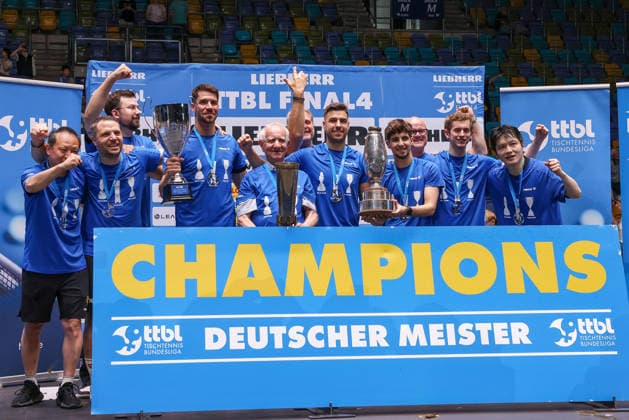 FC Saarbrücken Table tennis, Tischtennis players celebrate winning all three trophies during the final matches of the Liebherr TTBL Final4 Borussia Düsseldorf - FC Saarbrücken Tischtennis at the Süwag Energie ARENA on May 31, 2026, in Frankfurt, Germany Copyright: JoaquimxFerreira