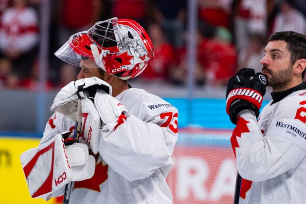ZURICH, SWITZERLAND - MAY 31: The dejected Canadian Jet Greaves (Canada, 73) and Dylan DeMelo (Canada, 2) after the Bronze Medal Game - Match 63 between Canada and Norway at the IIHF Ice hockey, Eishockey World Championship, WM, Weltmeisterschaft 2026, Swiss Life Arena on May 31, 2026 in Zurich, Switzerland. Zurich Switzerland Copyright: xTimoxSteinx