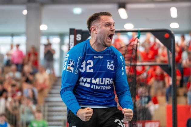 Handball I Herren I Saison 2025-2026 I 2. Bundesliga I 33. Spieltag I HC Oppenweiler Backnang - Eulen Ludwigshafen I 31.05.2026 Janis Boieck (32, HC Oppenweiler Backnang) jubelt Backnang Murrtal Arena Baden-Württemberg Deutschland Copyright: xLobeca MaxxPetershansx