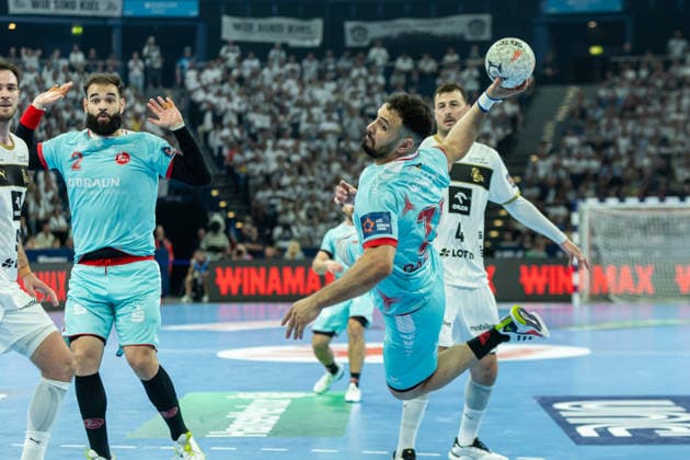 Mohamed Amine Darmoul (MT Melsungen) controls the ball during the handball final of the Winamax EHF Finals 2026 between THW Kiel and MT Melsungen at Barclays Arena on May 31, 2026 in Hamburg, Germany. -