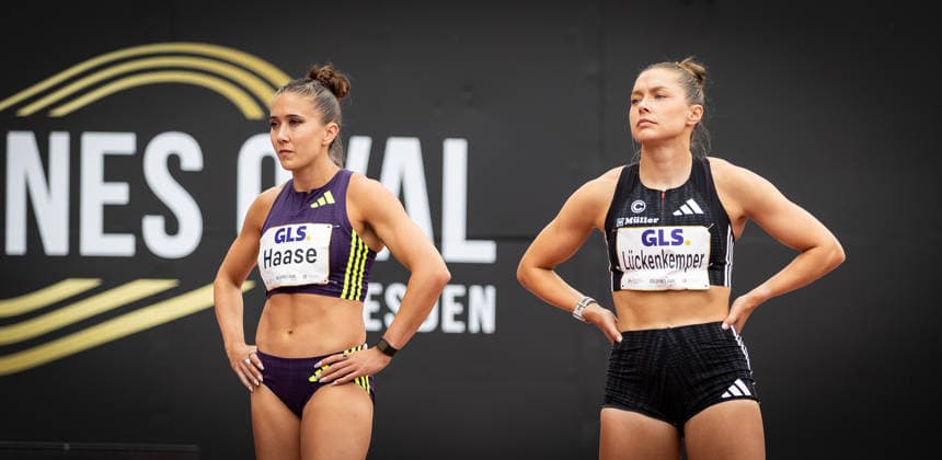 Goldenes Oval; Dresden, 31.05.2026 Fokussiert: Rebekka Haase (GER Germany) und Gina Lückenkemper (GER Germany) kurz vor dem Start des 100m-Finales der Frauen; Leichtathletik-Meeting Goldenes Oval am 31.05.2026 im Heinz-Steyer-Stadion in Dresden (Sachsen). Copyright: xBEAUTIFULxSPORTS R.xSchmittx