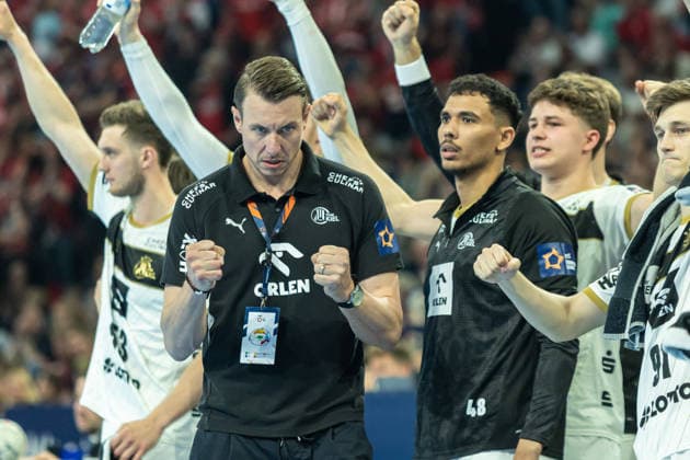 Trainer Filip Jicha (THW Kiel) celebrates during the handball final of the Winamax EHF Finals 2026 between THW Kiel and MT Melsungen at Barclays Arena on May 31, 2026 in Hamburg, Germany. -