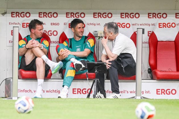 Bundestrainer Julian Nagelsmann Co Trainer Benjamin Glück and Andreas Rettig Looks on during the International Friendly, Länderspiel, Nationalmannschaft match between Germany and Finland at MEWA Arena on May 31, 2026 in Mainz, Germany. (Photo by Harry Langer DeFodi Images) -