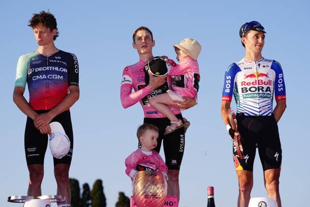From left Austria™s Felix Gall of Decathlon CMA CGM Team (2nd place) Denmark™s Jonas Vingegaard Hansen of Team Visma Lease A Bike (Pink jersey) winner of the race on the podium, right Australia™s Jai Hindley of Red Bull - Bora - Hansgrohe (3rd place) during Stage 21 of the Giro d™Italia from Rome to Rome, Italy. Monday May 31, 2026  Copyright: xFabioxFerrari LaPressex