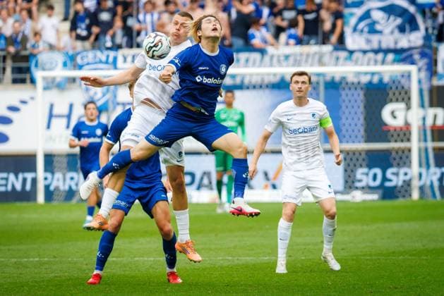 Genk s Daan Heymans and Gent s Daiki Hashioka fight for the ball during a soccer match between KAA Gent and Racing Genk, Sunday 31 May 2026 in Gent, an European Play-off game of the 2025-2026 Jupiler Pro League first division of the Belgian championship. KURTxDESPLENTER  x175560667x