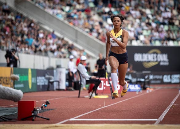 Goldenes Oval; Dresden, 31.05.2026 Am Anlauf zum Weitsprung: Malaika Mihambo (GER Germany); Leichtathletik-Meeting Goldenes Oval am 31.05.2026 im Heinz-Steyer-Stadion in Dresden (Sachsen). Copyright: xBEAUTIFULxSPORTS R.xSchmittx