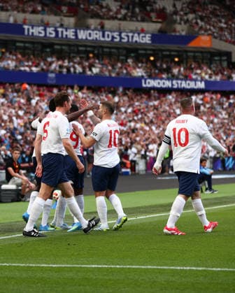 London, England, 31st May 2026. Damson Idris of England celebrates the first goal with Jack Wilshere of England during the England vs Soccer Aid World XI UNICEF Soccer Aid match at the London Stadium, London. Picture credit should read: Jake Youle Sportimage EDITORIAL USE ONLY. No use with unauthorised audio, video, data, fixture lists, club league logos or live services. Online in-match use limited to 120 images, no video emulation. No use in betting, games or single club league player publications. SPI_014_England_World_XI SPI-4829-0013