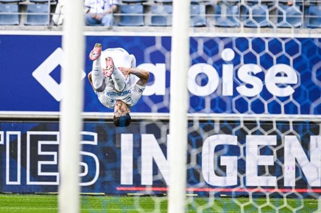 Genk s Robin Mirisola celebrates after scoring during a soccer match between KAA Gent and Racing Genk, Sunday 31 May 2026 in Gent, an European Play-off game of the 2025-2026 Jupiler Pro League first division of the Belgian championship. TOM GOYVAERTS TomxGoyvaerts  x175562945x