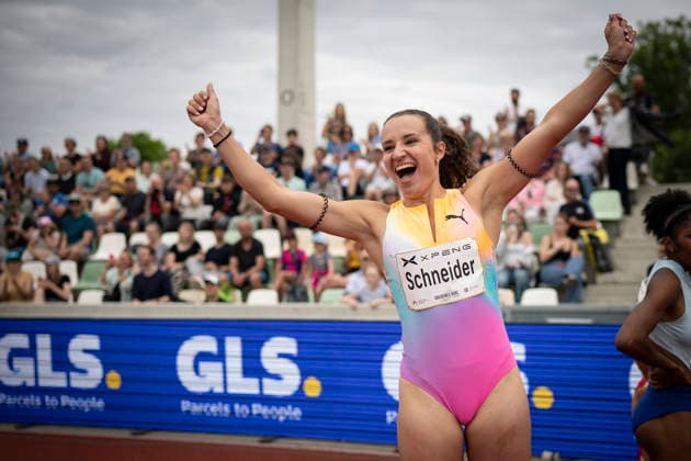 DRESDEN , GERMANY - MAY 31: Rosina Schneider (GER Germany) competes in the 100m hurdles and reacts after the race during the Golden Oval Continental Tour Silver meeting on May 31, 2026 at Heinz-Steyer-Stadion in Dresden, Saxony, Germany. Saxony Germany Copyright: xAxelxKohringx