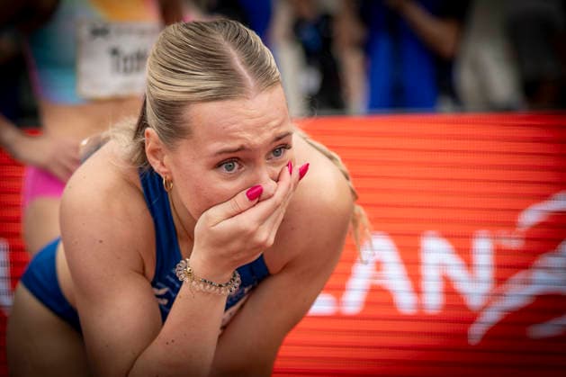 DRESDEN , GERMANY - MAY 31: Lia Flotow (GER Germany) is surprised after the 100m hurdles during the Golden Oval Continental Tour Silver meeting on May 31, 2026 at Heinz-Steyer-Stadion in Dresden, Saxony, Germany. Saxony Germany Copyright: xAxelxKohringx