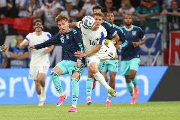 Lennart Karl (Deutschland) und Anssi Suhonen (Finnland) battle for the ball during the International Friendly, Länderspiel, Nationalmannschaft match between Germany and Finland at MEWA Arena on May 31, 2026 in Mainz, Germany. (Photo by Oliver Kaelke DeFodi Images) -