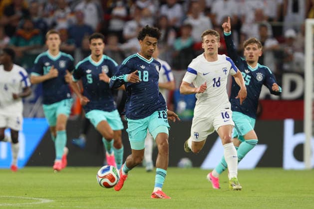 Nathaniel Brown (Deutschland) und Anssi Suhonen (Finnland) battle for the ball during the International Friendly, Länderspiel, Nationalmannschaft match between Germany and Finland at MEWA Arena on May 31, 2026 in Mainz, Germany. (Photo by Oliver Kaelke DeFodi Images) -