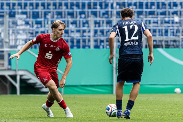 U19-DFB-Nachwuchsliga A, 2025 2026, Finale: TSG Hoffenheim U19 - 1. FC Köln U19; 31.05.2026 Kristian Markoski (1. FC Köln U19, 19), Maximilian Raphael Theuer (TSG 1899 Hoffenheim U19, 12) U19-DFB-Nachwuchsliga A, 2025 2026, Finale: TSG Hoffenheim U19 - 1. FC Köln U19; PreZero Arena, Sinsheim; 31.05.2026 DFB regulations prohibit any use of photographs as image sequences and or quasi video. Copyright: xBEAUTIFULxSPORTS Buriakovx