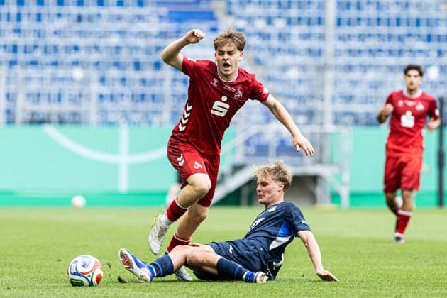 U19-DFB-Nachwuchsliga A, 2025 2026, Finale: TSG Hoffenheim U19 - 1. FC Köln U19; 31.05.2026 Benjamin Ley (1. FC Köln U19, 8), Krystof Cizek (TSG 1899 Hoffenheim U19, 18) U19-DFB-Nachwuchsliga A, 2025 2026, Finale: TSG Hoffenheim U19 - 1. FC Köln U19; PreZero Arena, Sinsheim; 31.05.2026 DFB regulations prohibit any use of photographs as image sequences and or quasi video. Copyright: xBEAUTIFULxSPORTS Buriakovx