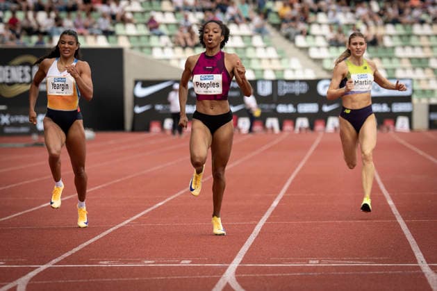 DRESDEN , GERMANY - MAY 31: Nicole Yeargin (GBR Great Britain), Paris Peoples (USA United States), Johanna Martin (GER Germany) competes during the Golden Oval Continental Tour Silver meeting on May 31, 2026 at Heinz-Steyer-Stadion in Dresden, Saxony, Germany. Saxony Germany Copyright: xAxelxKohringx